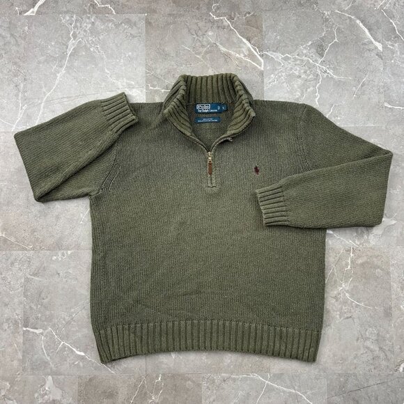Vintage Polo Ralph Lauren Knit Sweater Mens Large Mock Neck 1/4 Zip Green - Picture 1 of 9